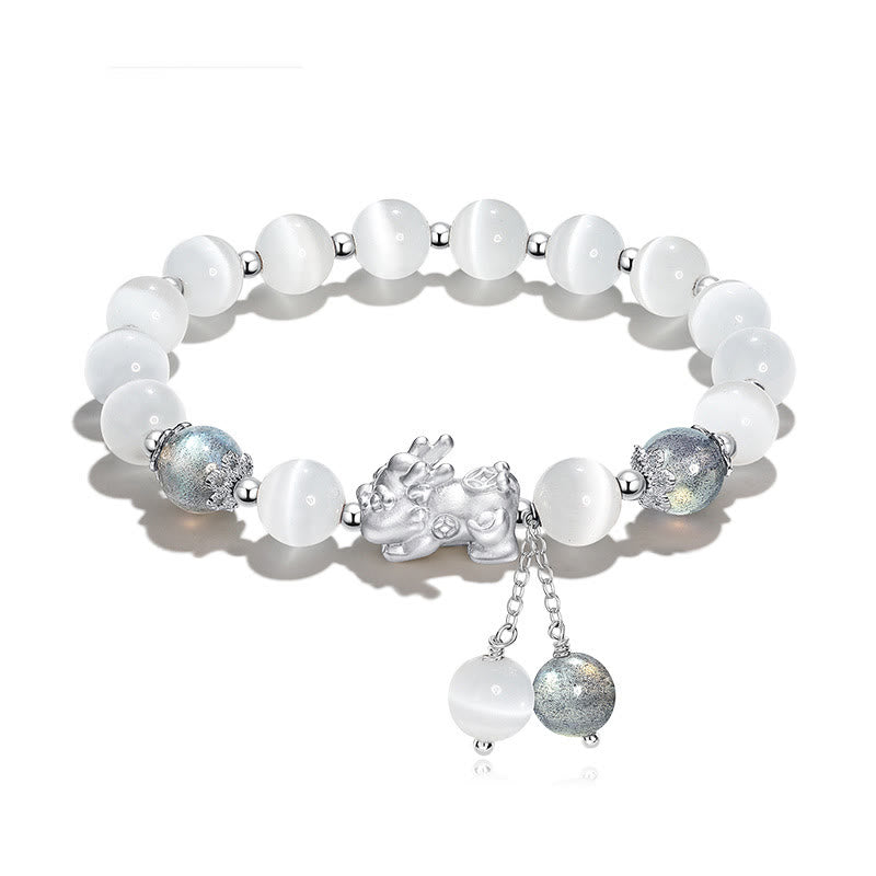 Mythstone Natural Cat's Eye Moonstone Strawberry Quartz PiXiu Support Bracelet