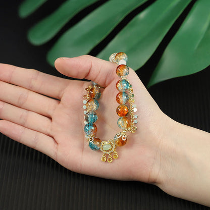 Mythstone Colorful Liuli Glass Bead Chinese Lock Charm Fortune Bracelet