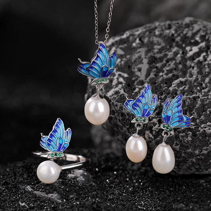 Mythstone 925 Sterling Silver Pearl Butterfly Healing Necklace Pendant Earrings Ring