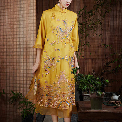 Mythstones 100% Mulberry Silk Organza Dress Embroidered Yellow Phoenix Qipao Cheongsam Dress