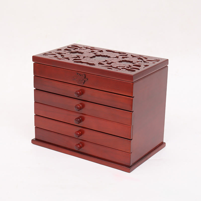 Mythstone Large Capacity Vintage Flowers Carved Wooden Jewelry Box Six-Layer Jewelry Storage Box