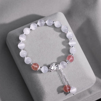 Mythstone Natural Cat's Eye Moonstone Strawberry Quartz PiXiu Support Bracelet