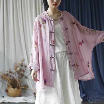 Mythstone Pink Flower Print Frog-button Design Batwing Long Sleeve Ramie Linen Jacket Shirt