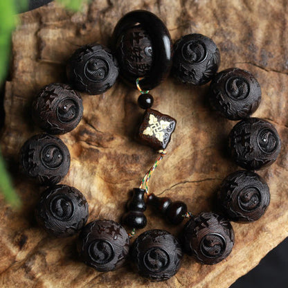 Mythstone Ebony Wood Chinese Character Yin Yang Engraved Gourd Balance Bracelet