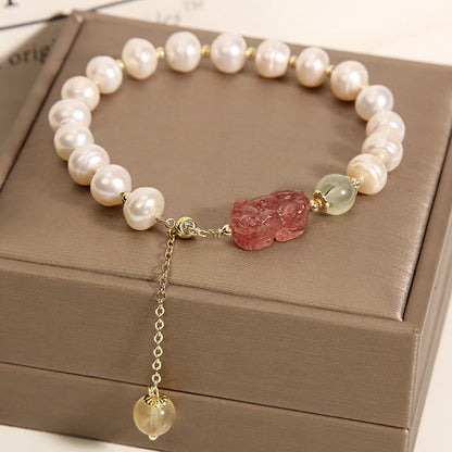 Mythstone Natural Pearl Strawberry Quartz PiXiu Optimism Charm Bracelet