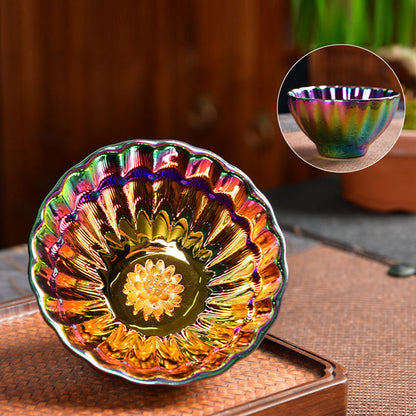 Mythstone Lotus Peacock Gold Inlaid Multicolored Chinese Jianzhan Ceramic Teacup Kung Fu Tea Cup