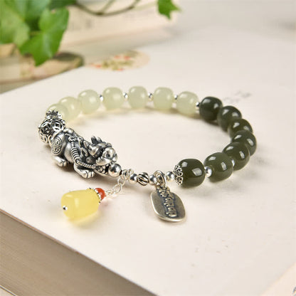 Mythstone 925 Sterling Silver Natural Hetian Jade Amber PiXiu Luck Bracelet