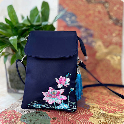 Mythstone Waterproof Handmade Embroidered Lotus Flowers Crossbody Bag Shoulder Bag Cellphone Bag