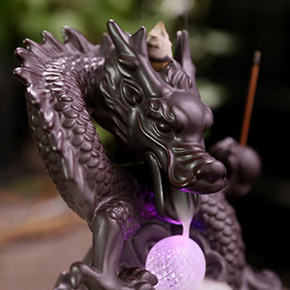 Mythstone Auspicious Dragon Ceramic Backflow Smoke Fountain Meditation Healing Incense Burner Led Ball Decoration