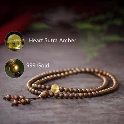 Mythstone 108 Mala Beads 999 Gold Brunei Agarwood Heart Sutra Amber Red Agate Strength Meditation Bracelet