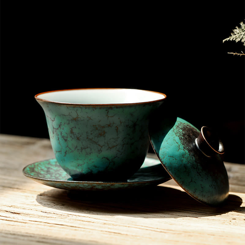 Mythstone Retro Green Glaze Ceramic Gaiwan Sancai Teacup Kung Fu Tea Cup And Saucer With Lid