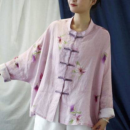 Mythstone Pink Flower Print Frog-button Design Batwing Long Sleeve Ramie Linen Jacket Shirt