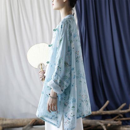 Mythstone Light Green Pink Flowers Green Leaves Frog-Button Long Sleeve Ramie Linen Jacket Shirt