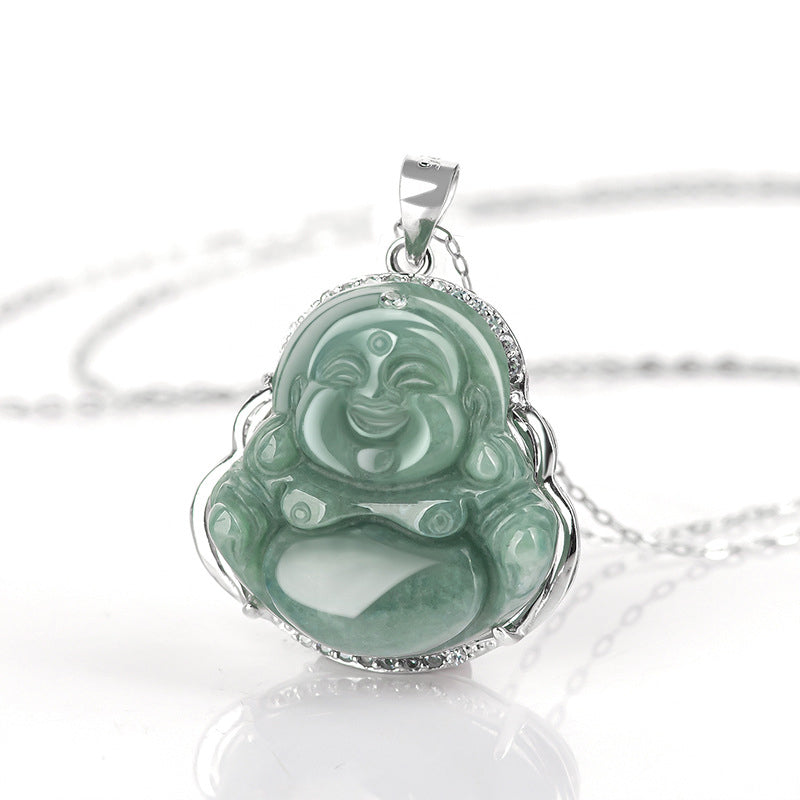 Mythstone 925 Sterling Silver Laughing Buddha Jade Abundance Necklace Chain Pendant