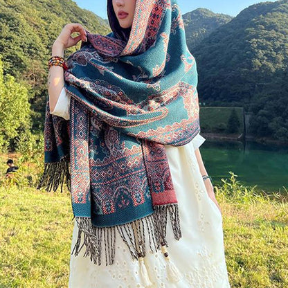 Mythstone Vintage Tibetan Leaves Pattern Design Shawl Cozy Travel Scarf Wrap