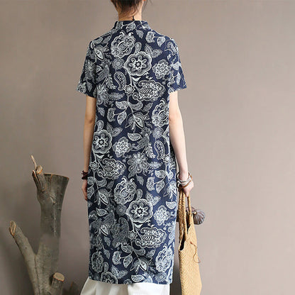 Mythstone Blue White Flower Frog-button Cheongsam Dresses Short Sleeve Linen Dresses With Pockets