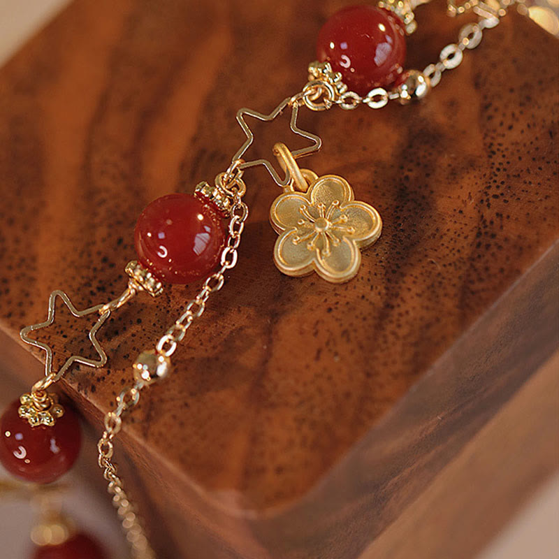 MythStone 14k Gold Plated Red Agate Star Flower Charm Calm Bracelet