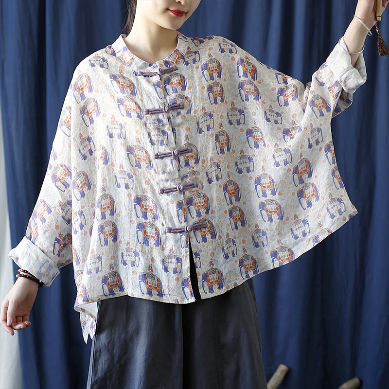 Mythstone Elephant Print Frog-button Design Batwing Long Sleeve Ramie Linen Jacket Shirt