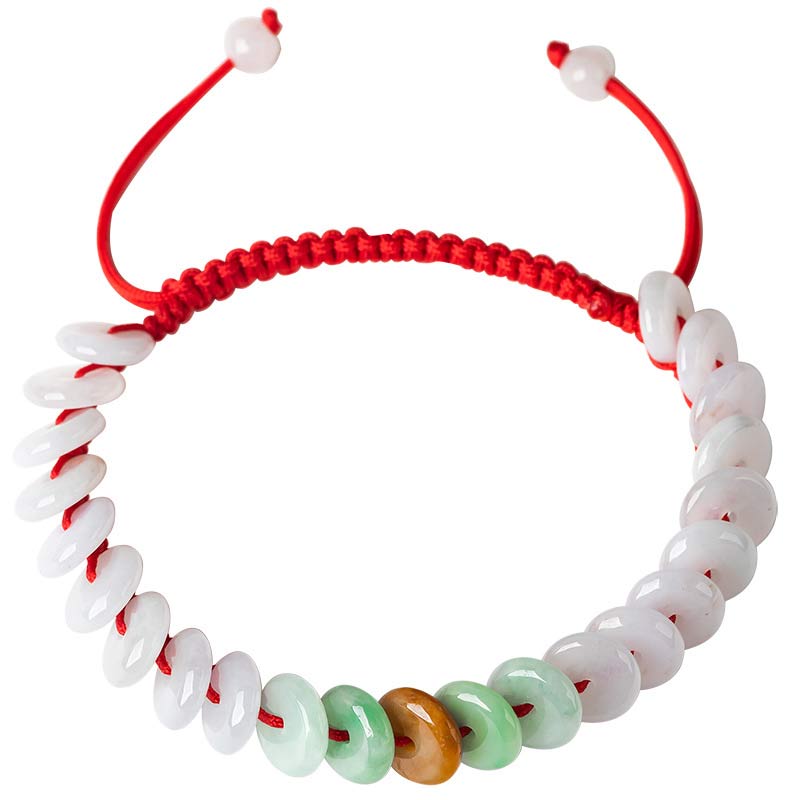 Pulsera tejida con hilo rojo de la suerte y jade redondo Mythstone