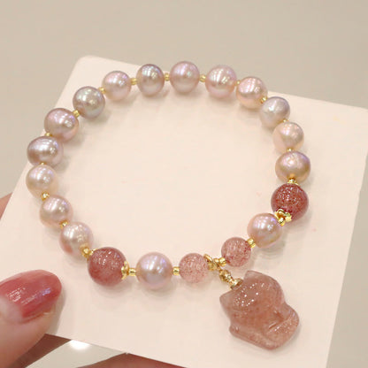 Mythstone Natural Pearl Strawberry Quartz Cute Fox Love Healing Charm Bracelet