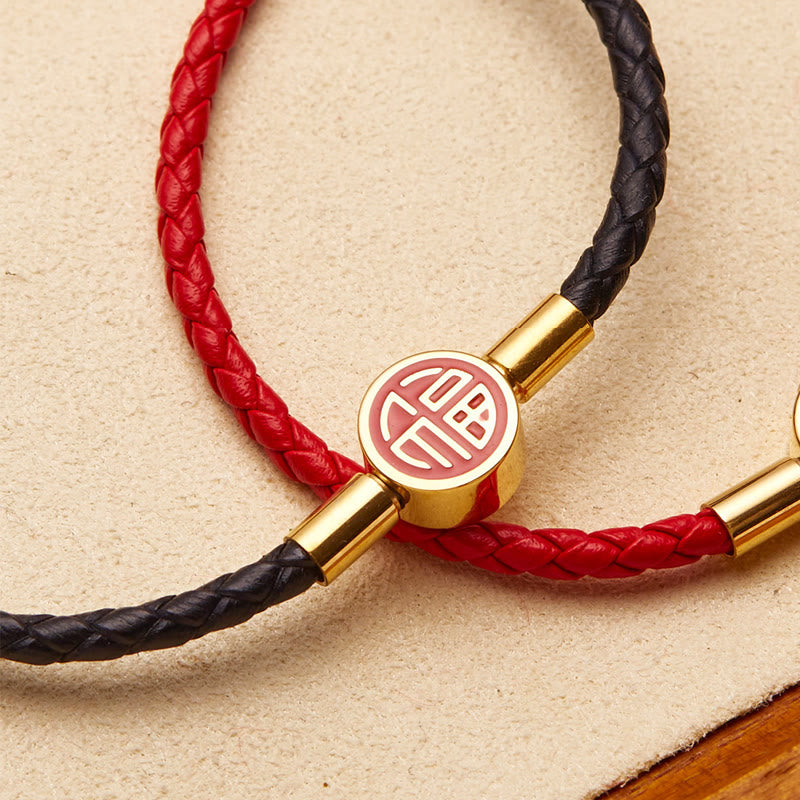 Mythstone Fu Character Blessing Fortune Leather Buckle Bracelet