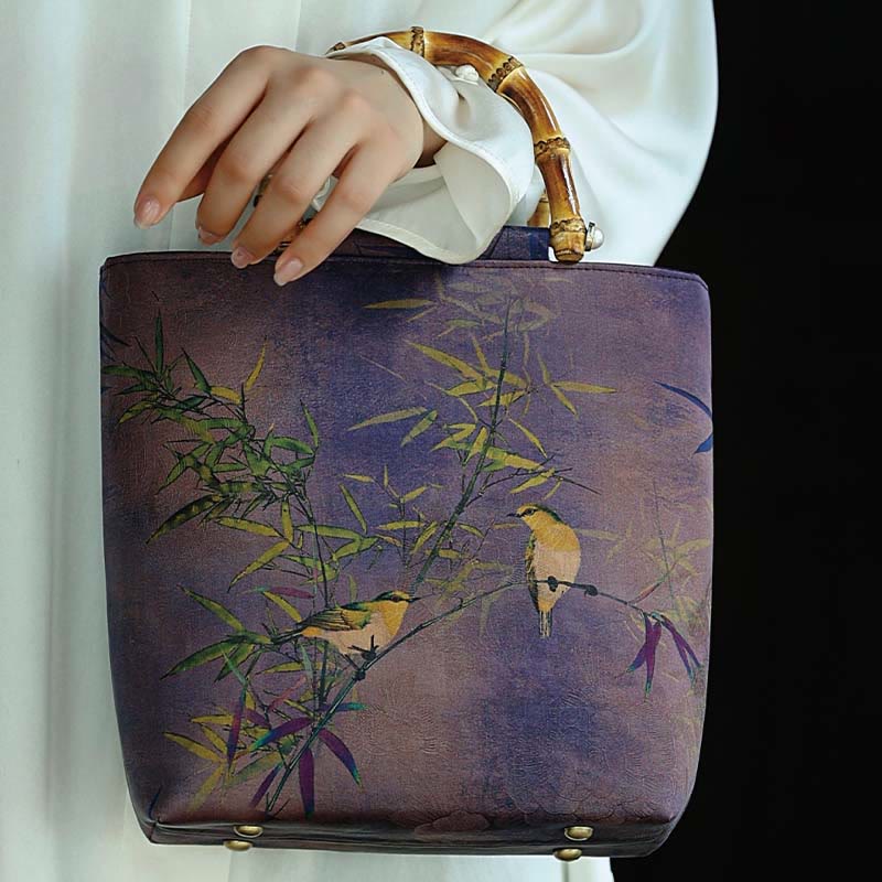 Mythstone Purple Magpie Birds Branches Bamboo Handles Handbag