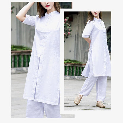 Mythstone 2Pcs Half Sleeve Shirt Top Pants Meditation Zen Tai Chi Linen Clothing Women's Set