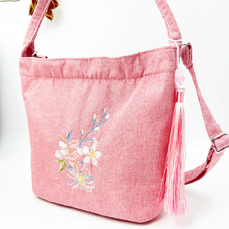 Mythstone Embroidery Wisteria Plum Lotus Cherry Blossom Cotton Linen Canvas Tote Crossbody Bag Shoulder Bag Handbag