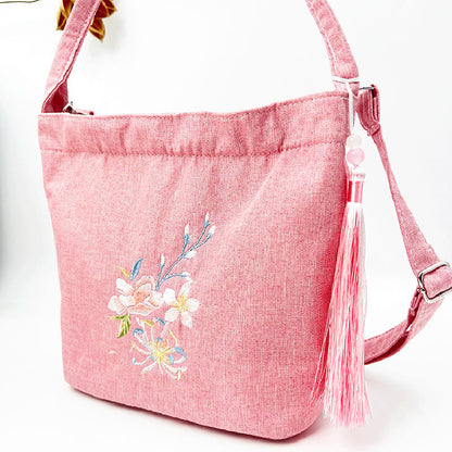 Mythstone Embroidery Wisteria Plum Lotus Cherry Blossom Cotton Linen Canvas Tote Crossbody Bag Shoulder Bag Handbag