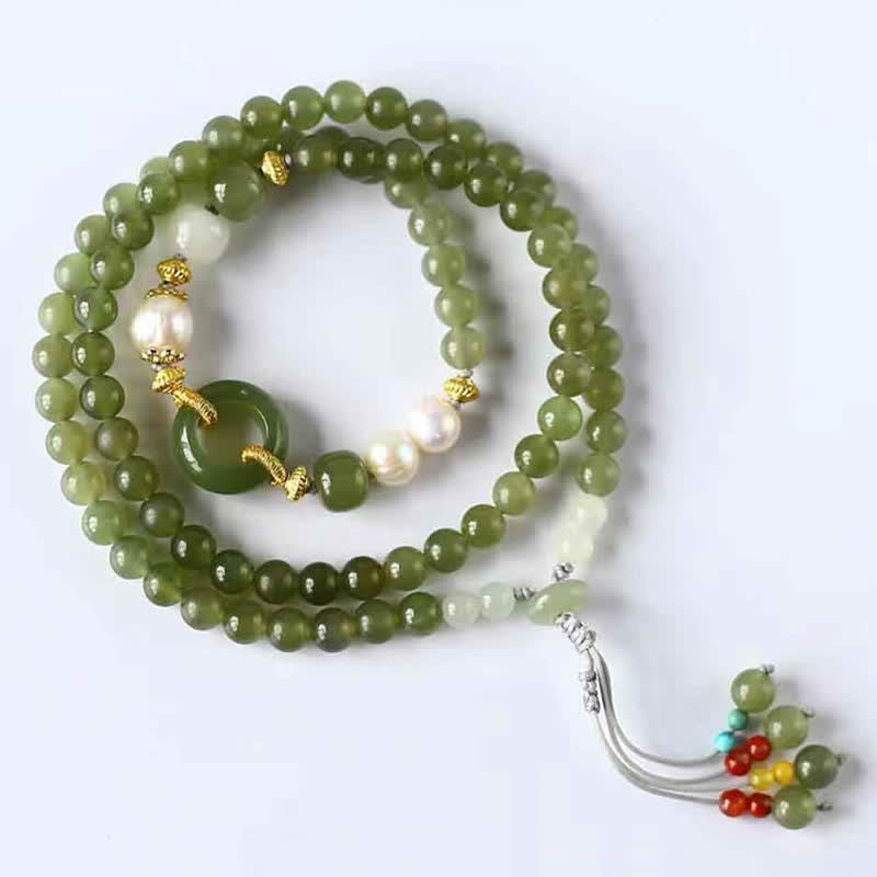 Pulsera de hilo con hebilla de paz y perla de jade hetiano Mythstone para la suerte y la riqueza