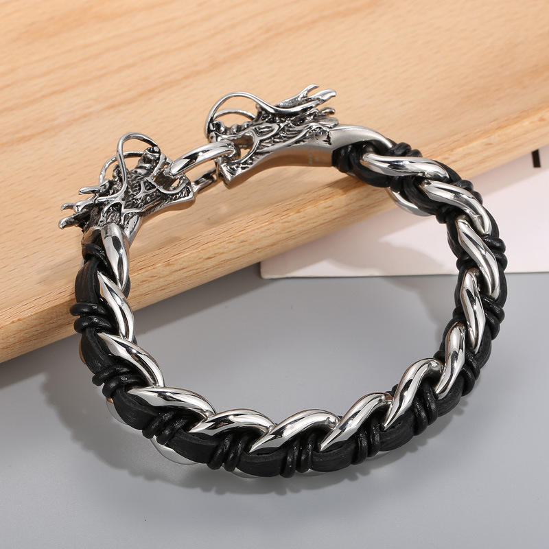 Mythstone Dragon Leather Titanium Steel Protection Luck Braided Bracelet