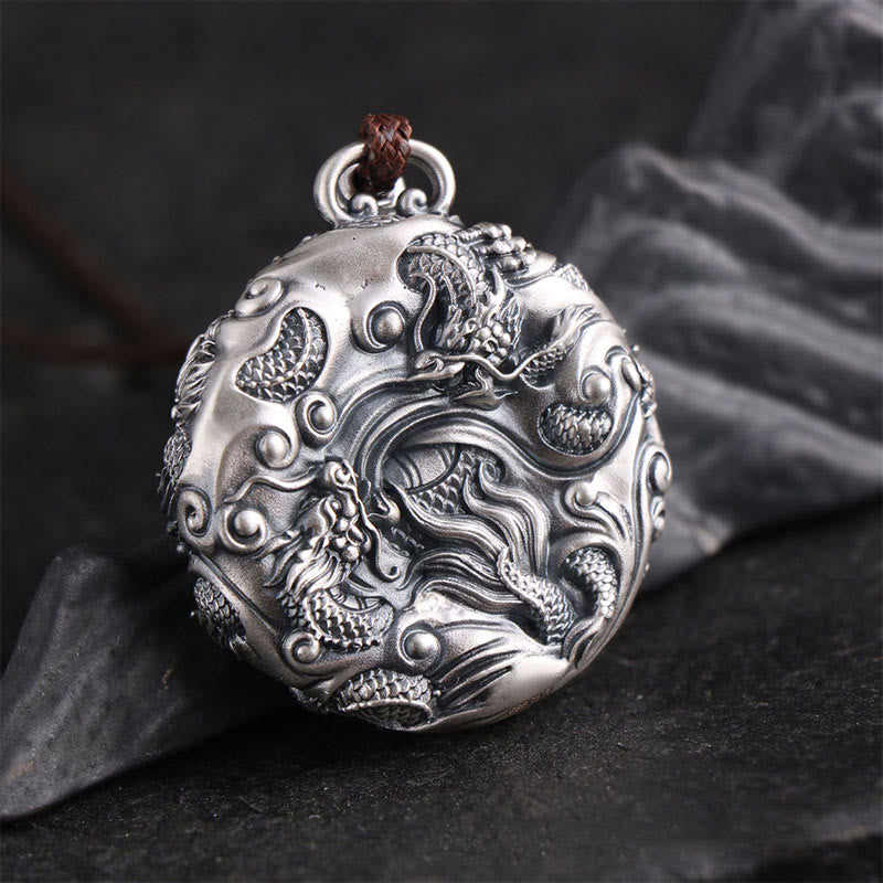 Mythstone 999 Sterling Silver Nine Dragons Playing With A Pearl Luck Protection Necklace Pendant