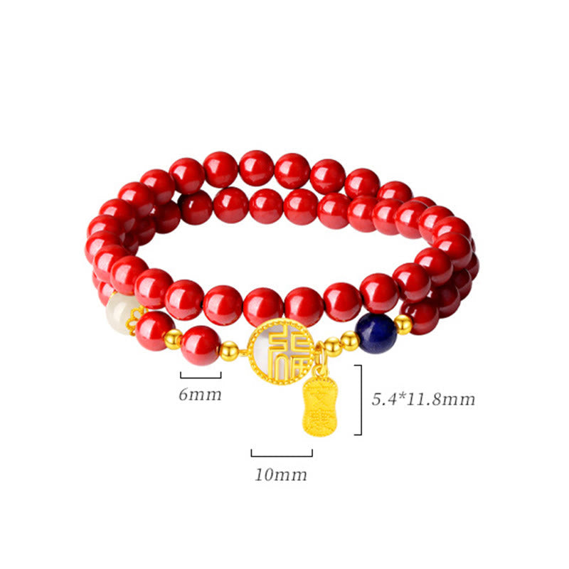 Mythstone 925 Sterling Silver Cinnabar Tridacna Stone Fu Character Double Wrap Blessing Bracelet