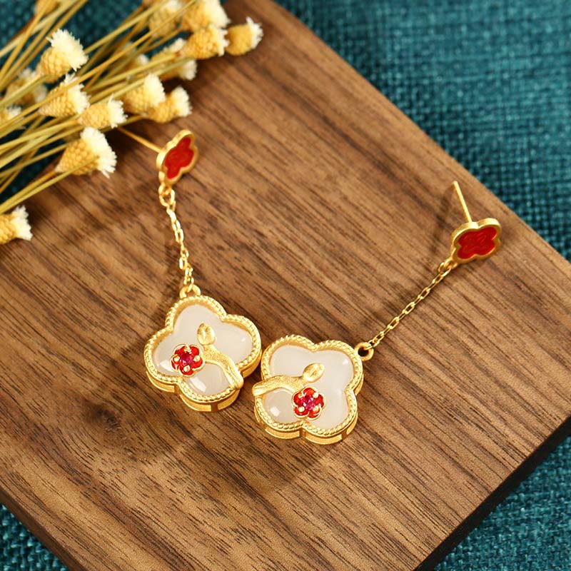 Mythstone 24K Gold Plated White Jade Four Leaf Clover Plum Blossom Luck Necklace Pendant Earrings