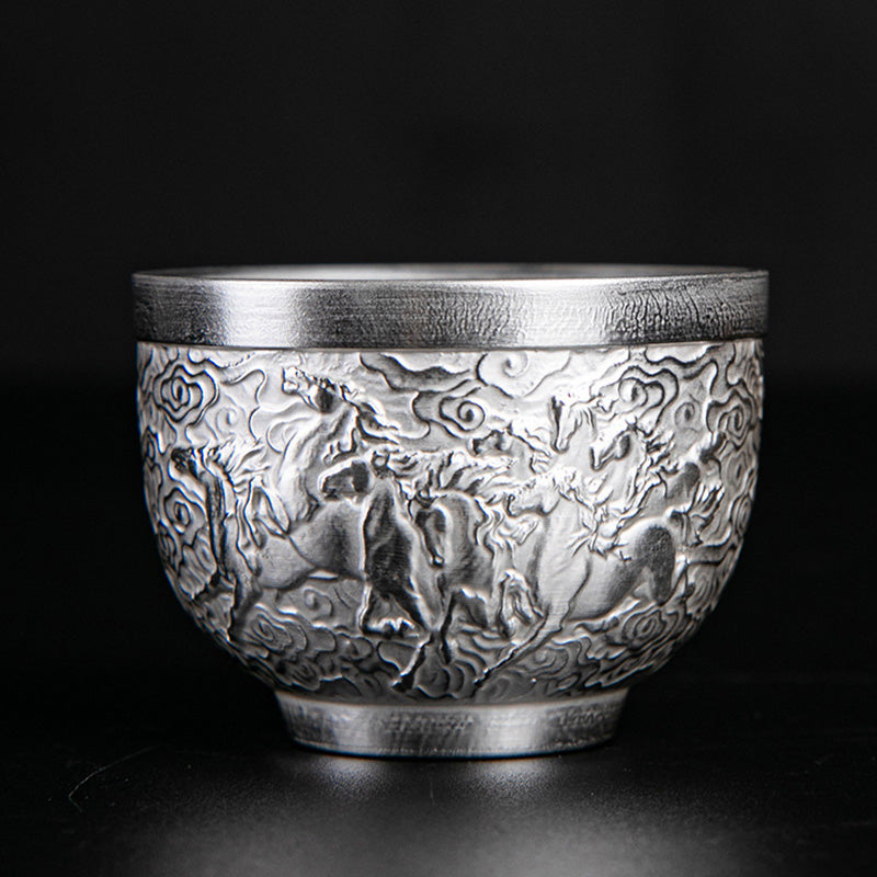 Mythstone Fu Character Dragon Phoenix Horse Koi Fish Silver Gilding Ceramic Teacup Kung Fu Tea Cup