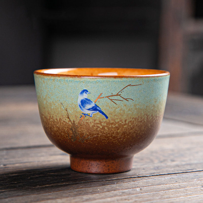 Mythstone Colorful Deer Pipa Snow Plum Blossoms Mountains Rivers Bird Ceramic Teacup Kung Fu Tea Cup Bowl