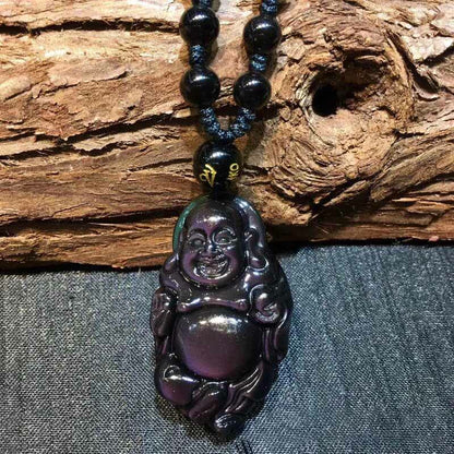 Collar con colgante de paz interior de Buda sonriente de obsidiana arcoíris natural