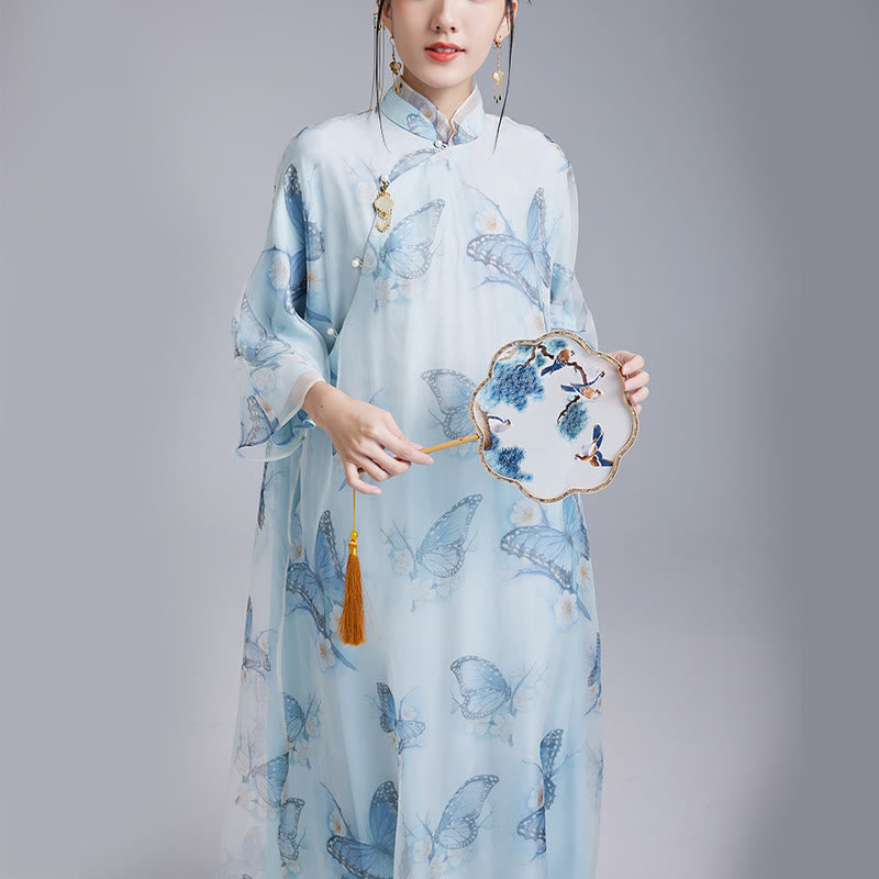 Mythstones 100% Mulberry Silk Organza Blue Butterfly Print Qipao Cheongsam Dress