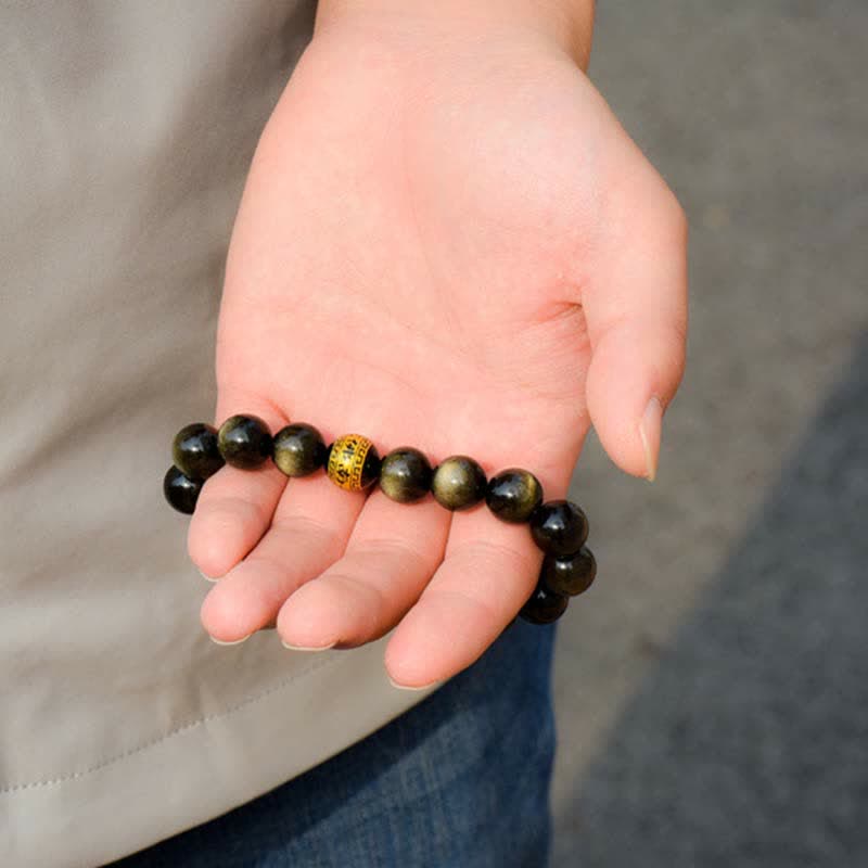 Mythstone Chinese Zodiac Natal Buddha Gold Sheen Obsidian Wealth Protection Bracelet