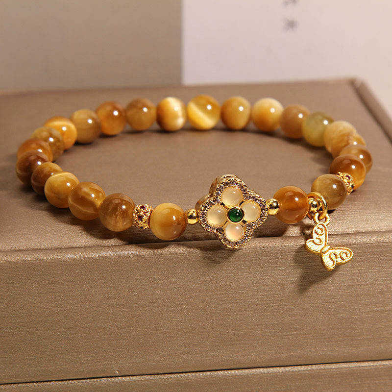 Mythstone Tiger Eye Four Leaf Clover Butterfly Protection Bracelet