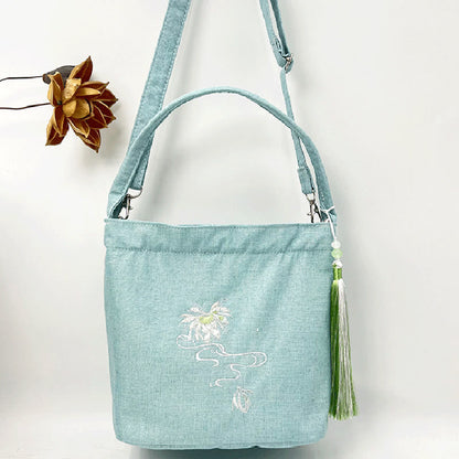 Mythstone Embroidery Wisteria Plum Lotus Cherry Blossom Cotton Linen Canvas Tote Crossbody Bag Shoulder Bag Handbag