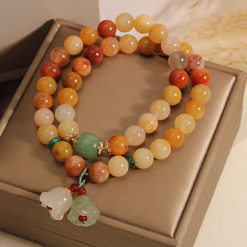 Mythstone Tibet Natural Golden Silk Jade Double Layer Bell Orchid Luck Bracelet