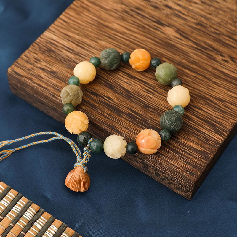 Mythstone Bodhi Seed Lotus Bead Engraved Moss Agate Peace Calm Bracelet