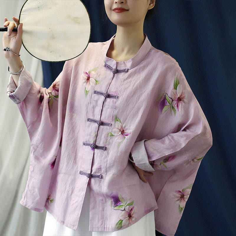 Mythstone Pink Flower Print Frog-button Design Batwing Long Sleeve Ramie Linen Jacket Shirt