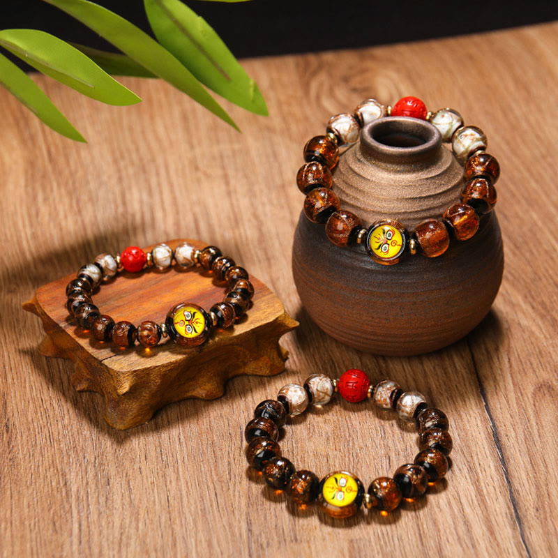 Pulsera de protección del zodíaco chino con cuentas de vidrio de Liuli Thangka tibetano de los cinco dioses de la riqueza