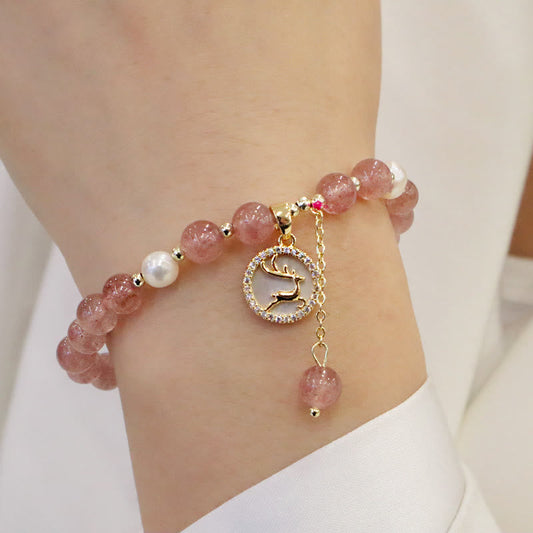 Mythstone Strawberry Quartz Pearl Elk Smiley Face Fishtail Fu Character Charm Healing Bracelet