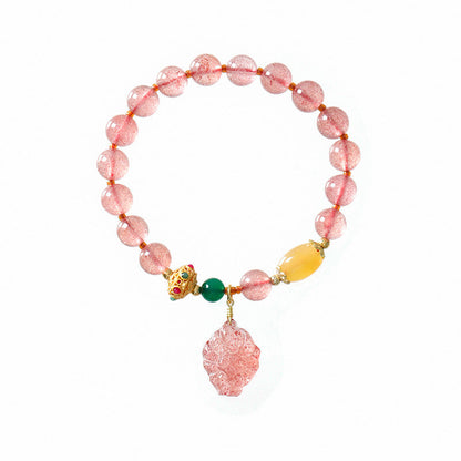 Mythstone Natural Strawberry Quartz Nine-Tailed Fox Healing Bracelet