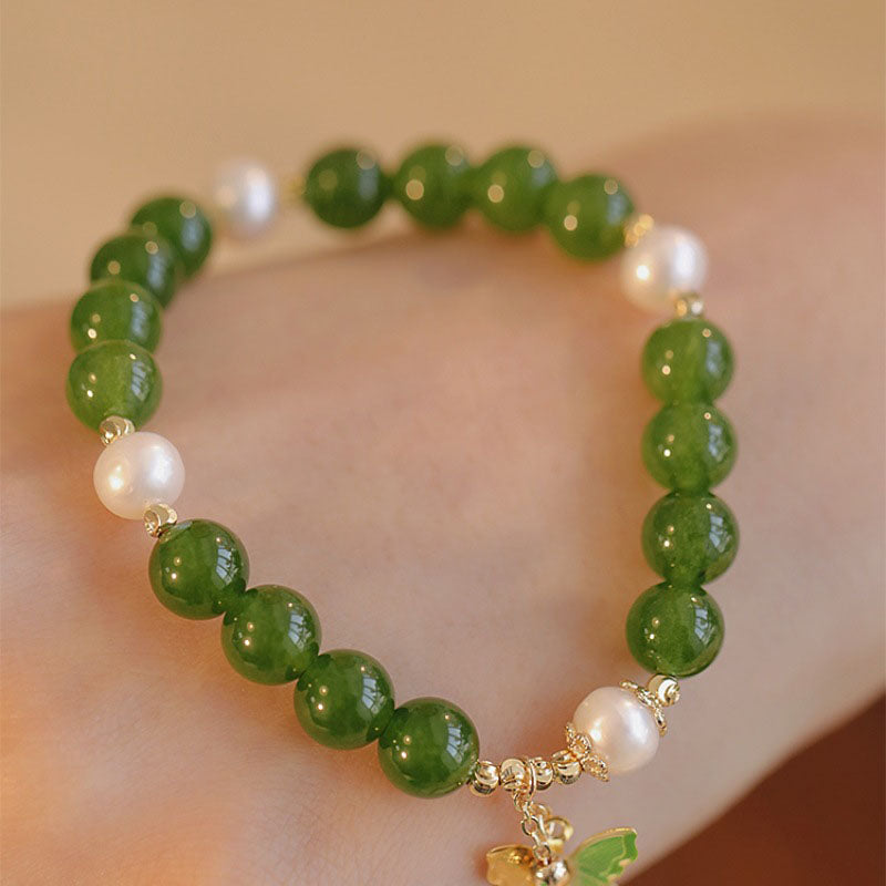 Mythstone Natural Green Chalcedony Pearl Butterfly Courage Strength Bracelet