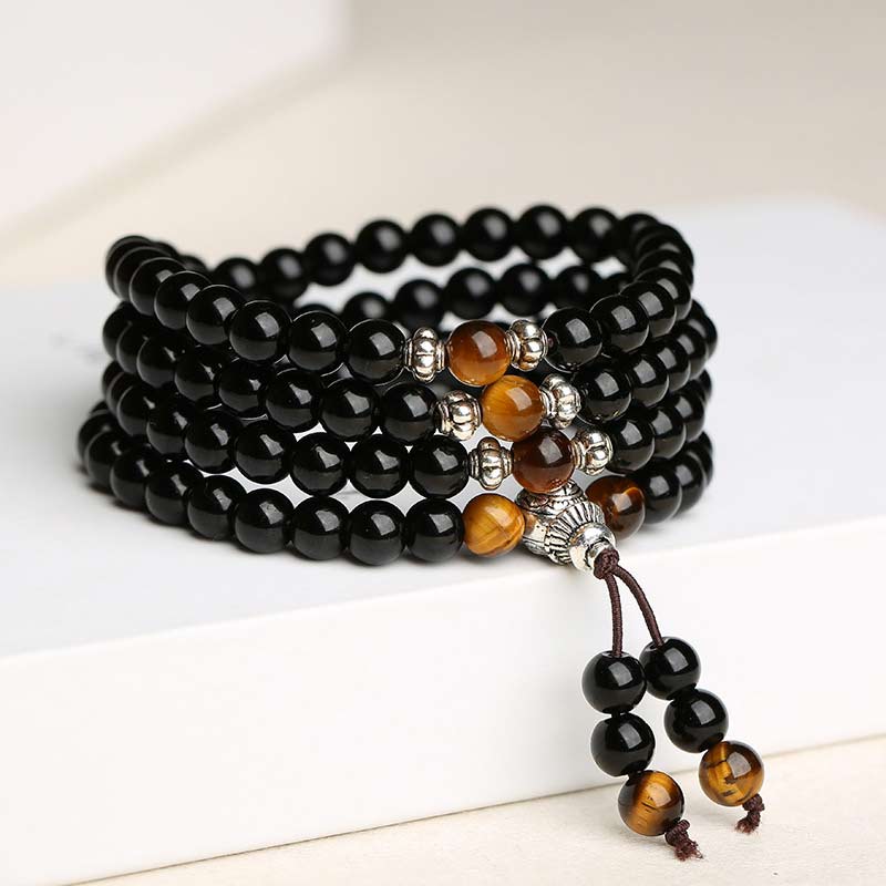 MythStone Black Obsidian Tiger Eye Blessing Mala Bracelet