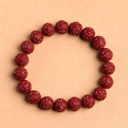 Mythstone Natural Cinnabar Om Mani Padme Hum Fret Pattern Lotus Blessing Bracelet